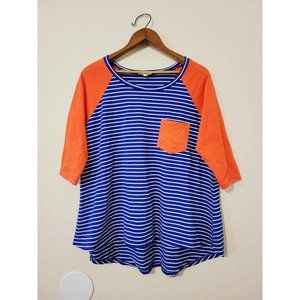 Umgee Orange Blue Stripe Raglan Shirt Pocket